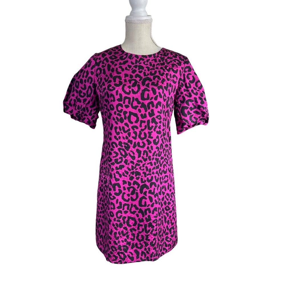 Milly Leopard Dress Womens 6 Pink Fuchsia Silk Animal Print Puff Sleeve Shift Mi